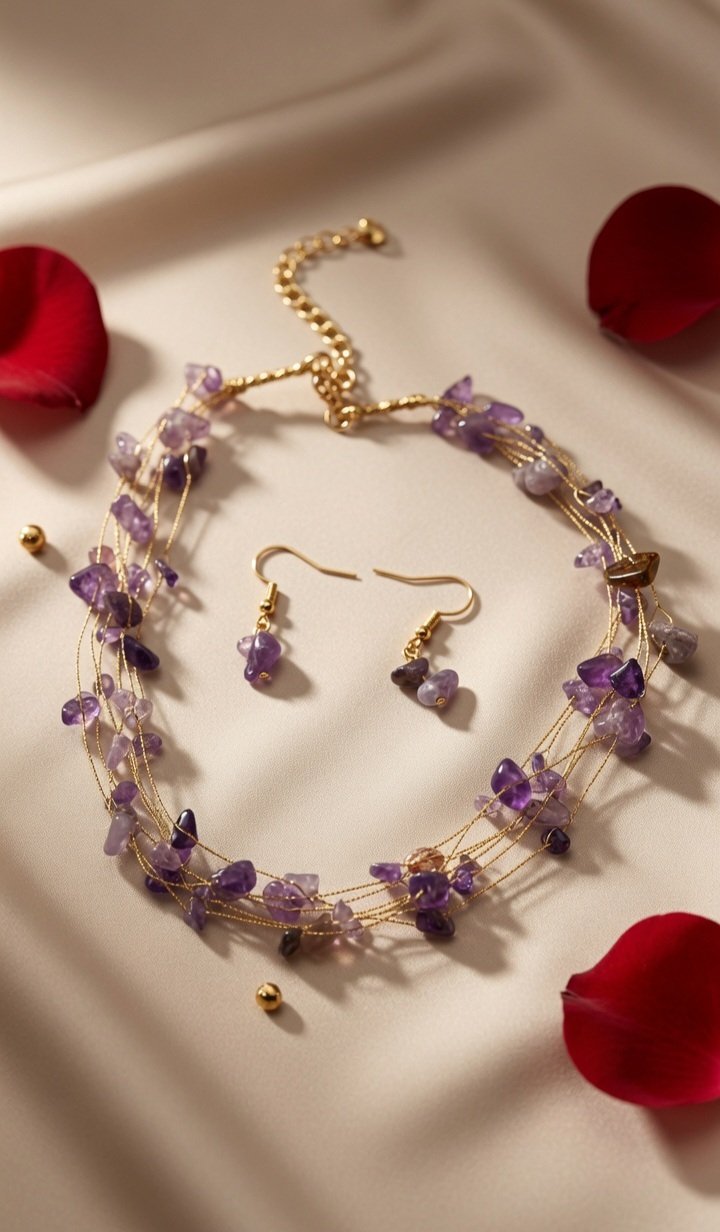 The Amara Raw Amethyst Multi-Strand Necklace Set-Gold Finish