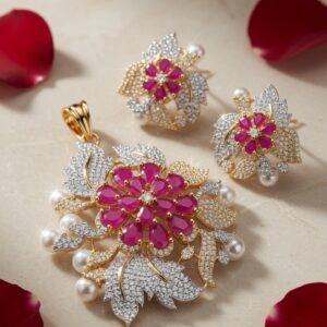 Aura Botanical Ruby Blossom And Pavè Pendant Set-Gold Finish