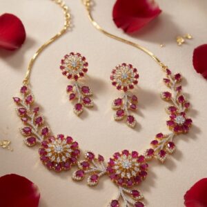 Scarlet Empress Ruby Red Sunburst Floral Choker Set-Gold Finish