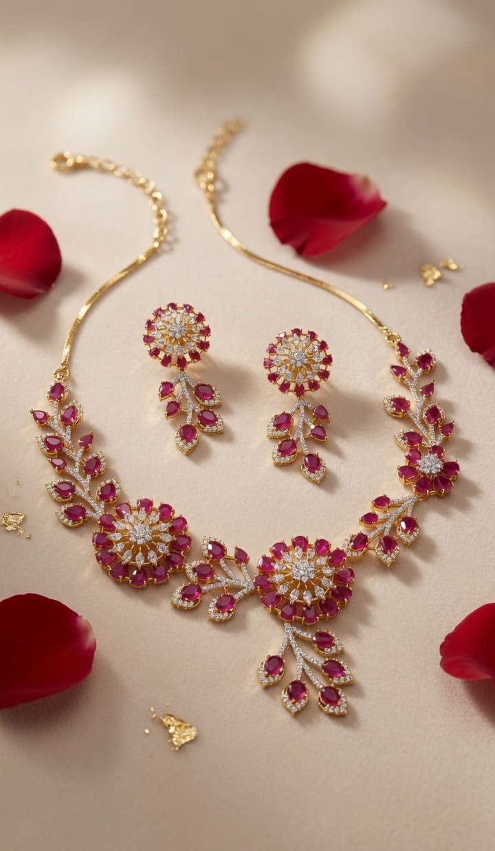 Scarlet Empress Ruby Red Sunburst Floral Choker Set-Gold Finish