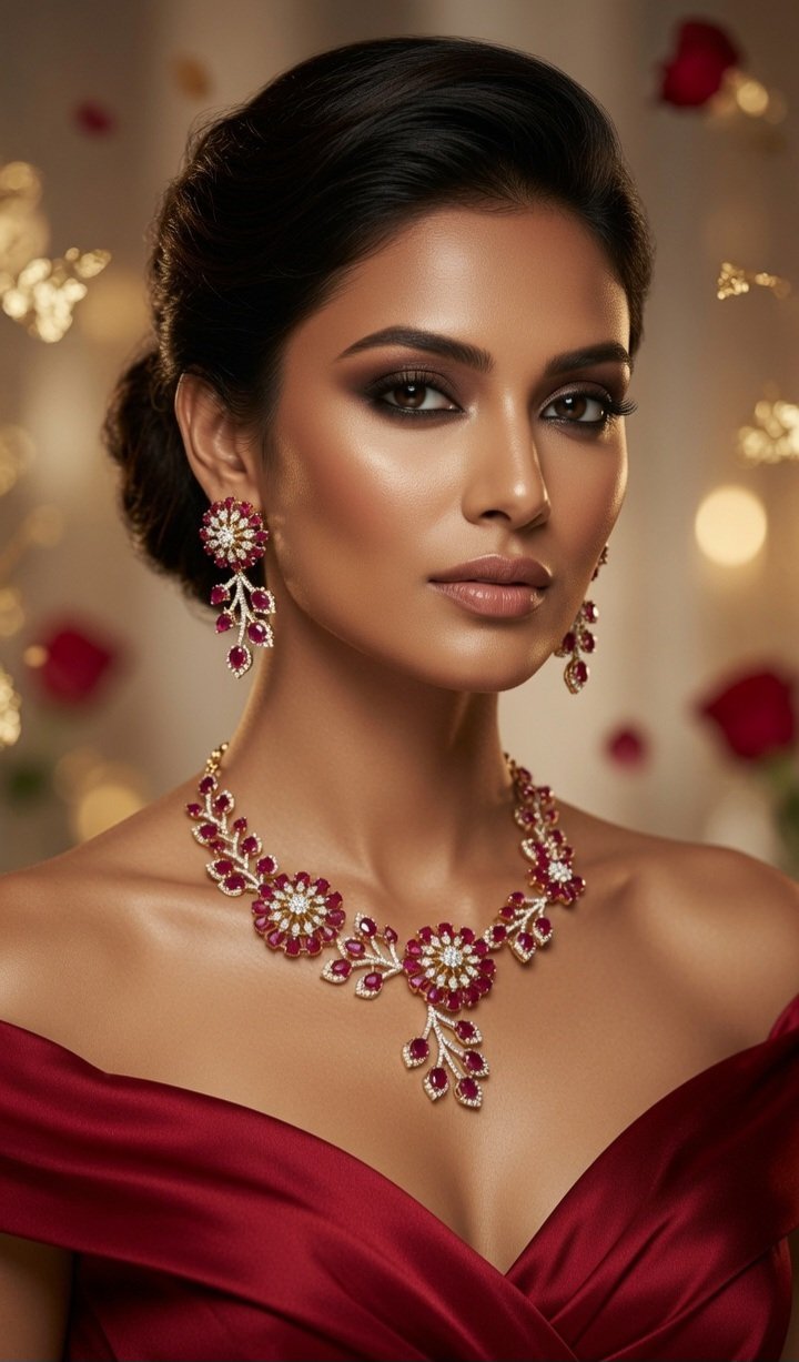 Scarlet Empress Ruby Red Sunburst Floral Choker Set-Gold Finish - Image 2