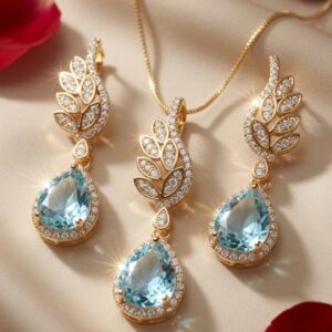 The Royal Aquamarine Leaf Suite Pavè Branch And Pear Pendant Set-Gold Finish