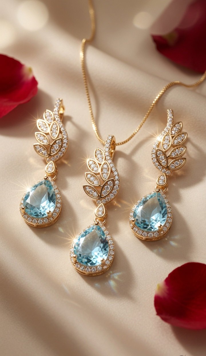 The Royal Aquamarine Leaf Suite Pavè Branch And Pear Pendant Set-Gold Finish
