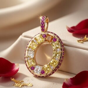 The Saffron And Ruby Oval Wreath Statement Pendant-Gold Finish