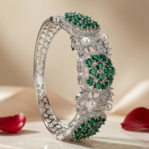 The Royal Emerald Pearl And Diamond-Style Kada Bracelet-Platinum Finish