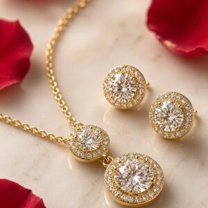 The Aurelia Double Halo Drop Pendant Set-Gold Finish