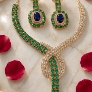 Sapphire Halo And Emerald Lattice Y-Drop Cz Necklace Set-Gold Finish