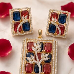 The Sovereign Mosaic Blue Sapphire And Ruby Rectangular Pendant Set-Gold Finish