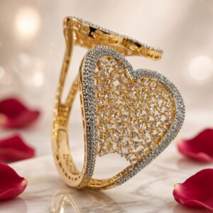 Serenade Twin Heart Diamond Cluster Open Kada Bracelet-Gold Finish
