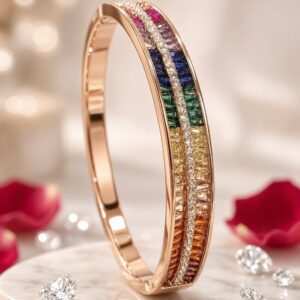 The Prism Symphony Rainbow Gemstone Baguette Kada Bracelet- Rose Gold Finish