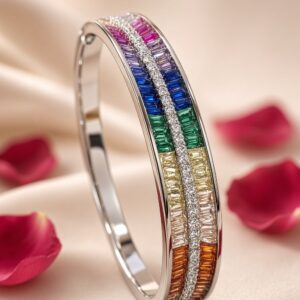 The Icy Prism Eternity Rainbow Gemstone Baguette And Pavè Kada Bracelet-Platinum Finish