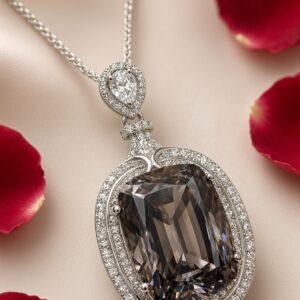 Elysian Smoky Quartz And Pavè Diamond-Style Oval Pendant Chain-Platinum Finish