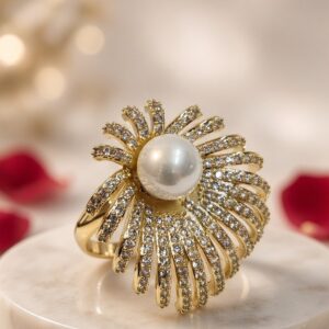 Lumina Sunburst Diamond-Style And Pearl Statement Ring-Gold Finish