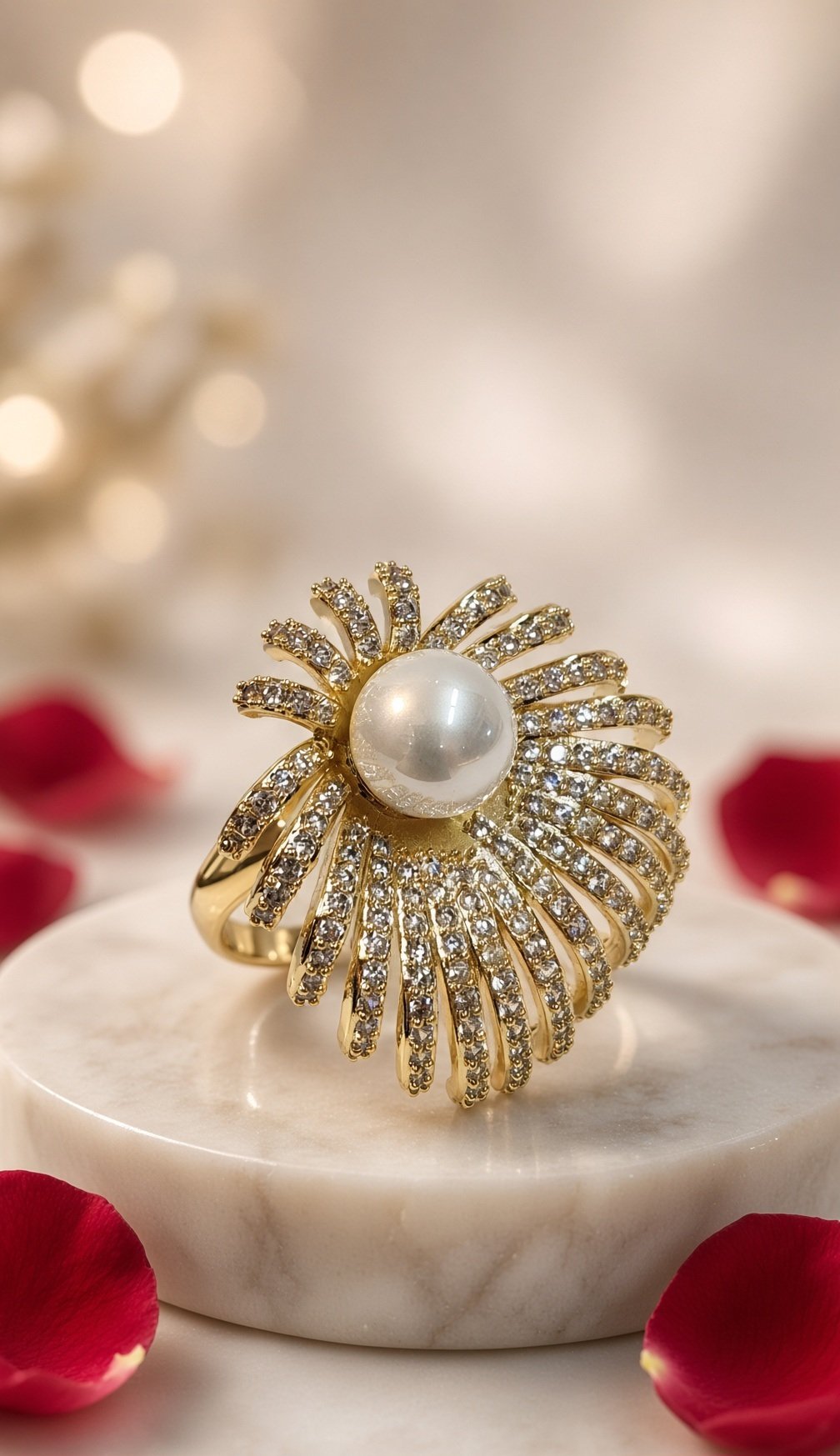 Lumina Sunburst Diamond-Style And Pearl Statement Ring-Gold Finish