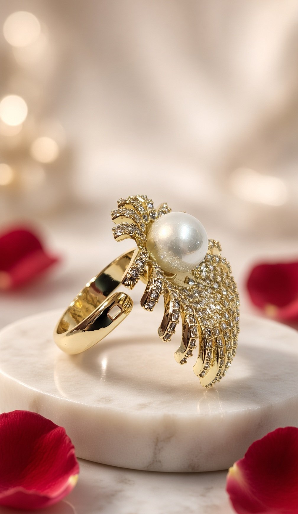 Lumina Sunburst Diamond-Style And Pearl Statement Ring-Gold Finish - Image 2
