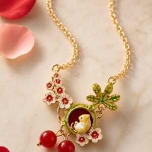 The Golden Nest And Crimson Berry Enamel Pendant Chain-Gold Finish