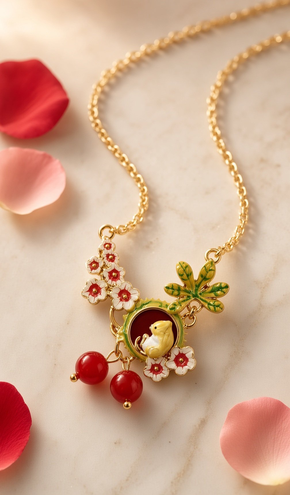 The Golden Nest And Crimson Berry Enamel Pendant Chain-Gold Finish