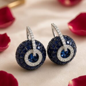The Royal Midnight Orb Sapphire And Diamond-Style Leverback Earrings-Platinum Finish