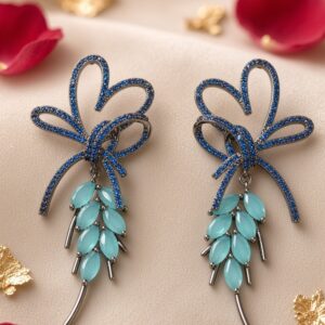 Sapphire Ribbon And Aqua Marquise Leaf Drop Earrings-Black Rhodium Finish