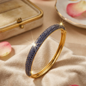 Blue Sapphire Pavè Hinged Kada Bracelet-Gold Finish