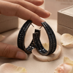 Nocturnal Eclipse Black Spinel Pavè Hoops-Black Rhodium Finish