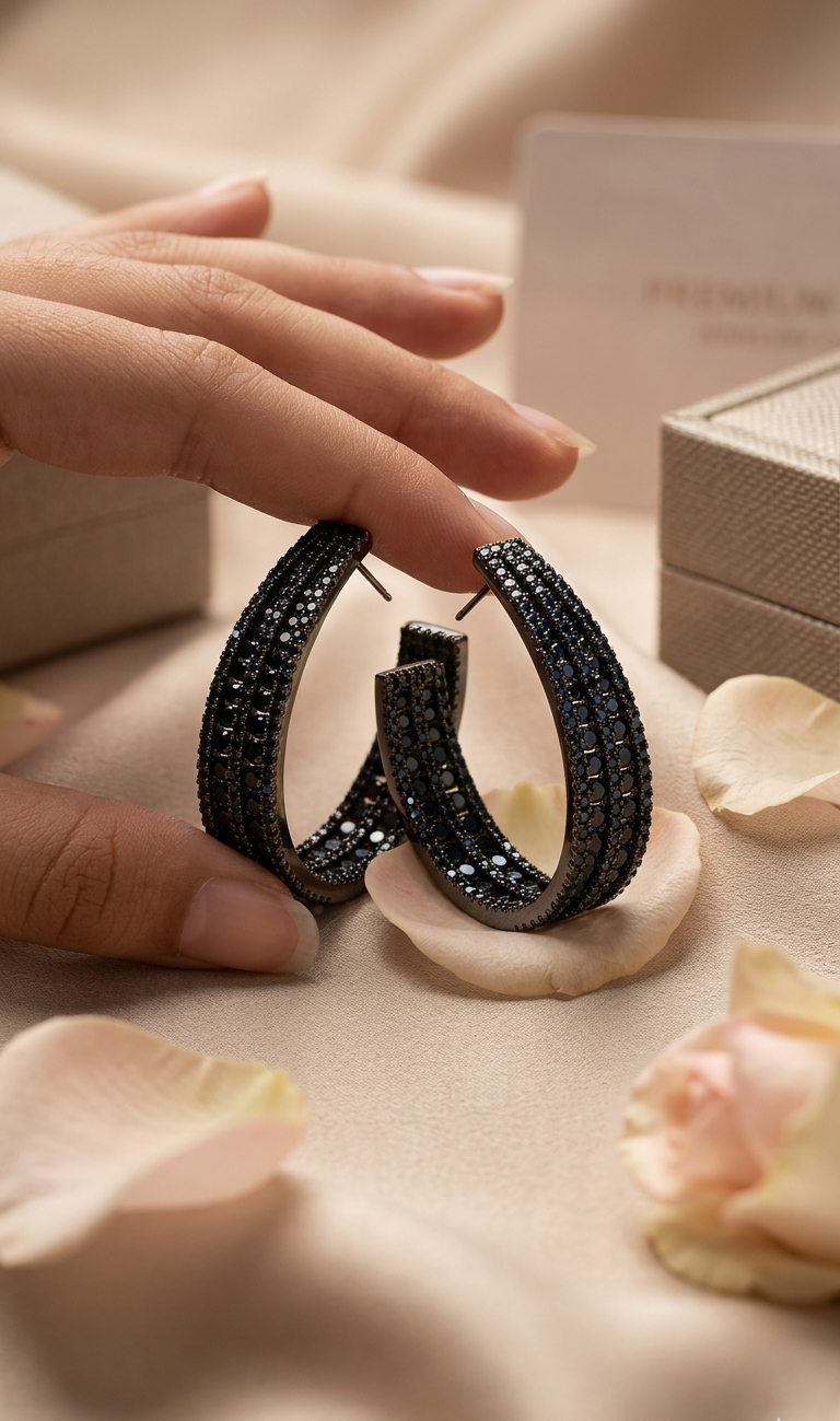 Nocturnal Eclipse Black Spinel Pavè Hoops-Black Rhodium Finish