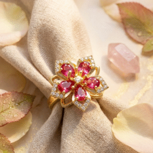 The Sakura Bloom Pink Tourmaline Floral Revolving flower Ring Adjustable-Gold Finish
