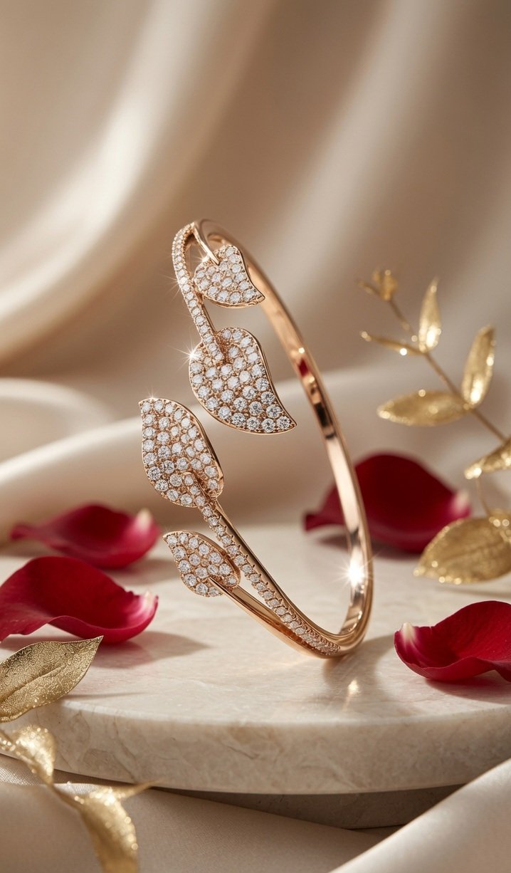 Aethelgard Botanical Quad-Leaf Diamond Replica Kada Bracelet-Gold Finish