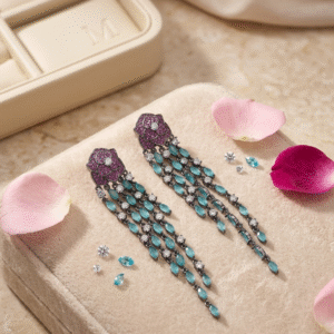 Artemis Floral Teal Tourmaline Orchid Cascading Tassel Drop Earrings-Black Rhodium Finish