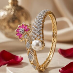 The Royal Flora Sovereign Geometric Pearl Kada Bracelet-Gold Finish