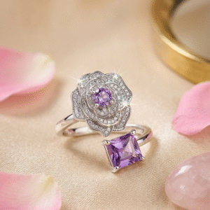 The Amethyst Rose Princess-Cut Purple Gemstone Adjustable Ring-Platinum Finish