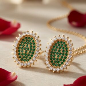 The Mirabella Emerald Oval Halo Studs-Gold Finish