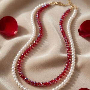 The Valentia Duet Faux Pearl And Red Beaded Double-Strand Necklace-Gold Finish
