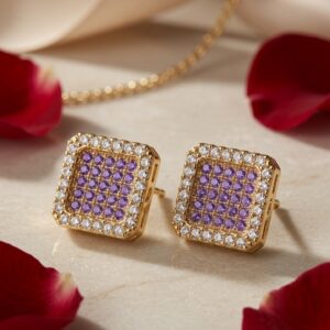 Violetta Purple Cushion Geometric Halo Studs-Gold Finish