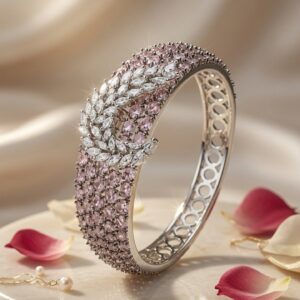The Rosalia Frost Marquise Feather Blush Pink Kada Bracelet-Platinum Finish