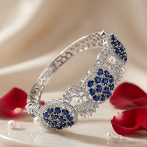 The Sapphire Sovereign Pearl And Blue Zirconia Kada Bracelet-Platinum Finish