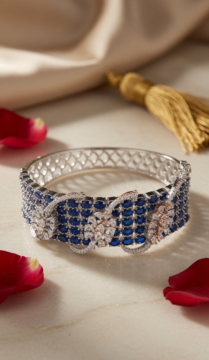 The Sapphire Monarch Diamond-Style Royal Blue Kada Bracelet-Platinum Finish