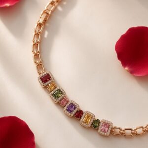 Imperial Rainbow Multi-Gemstone Halo Tennis Bracelet-Gold Finish