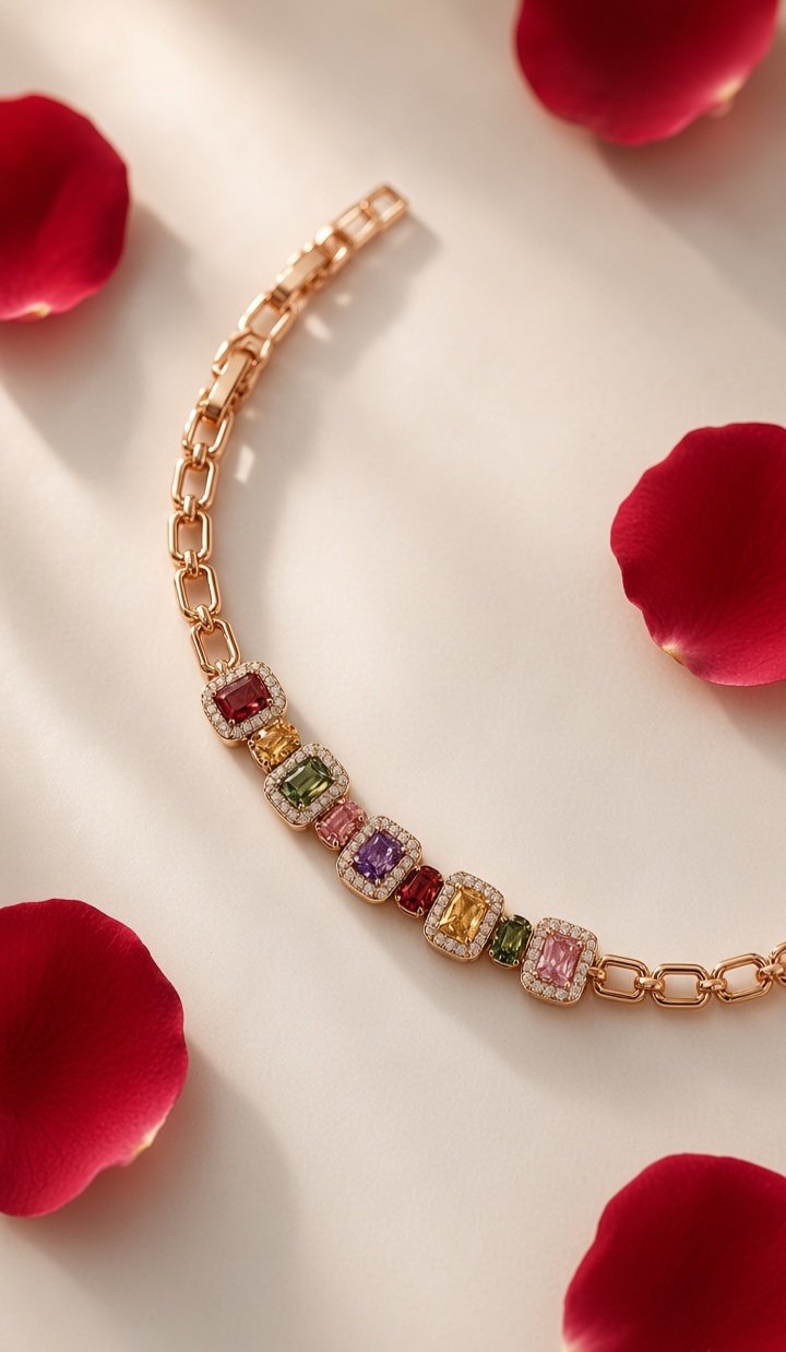 Imperial Rainbow Multi-Gemstone Halo Tennis Bracelet-Gold Finish