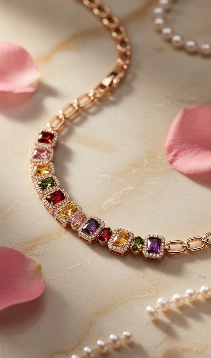 Imperial Rainbow Multi-Gemstone Halo Tennis Bracelet-Gold Finish - Image 2