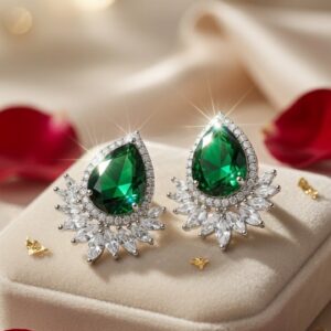 Regal Verdant Pear And Marquise Sunburst Studs-Platinum Finish