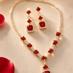 Ruby Red Cushion-Cut Cubic Zirconia Necklace Set-Gold Finish