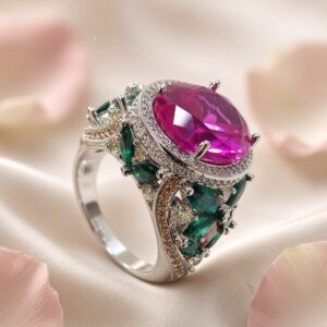 The Imperial Magneta Halo And Emerald Cluster Adjustable Ring-Platinum Finish