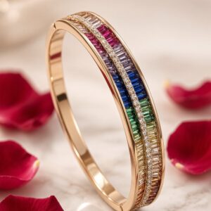 The Prism Dual-Row Rainbow Baguette Diamond Center line Kada Bracelet-Gold Finish