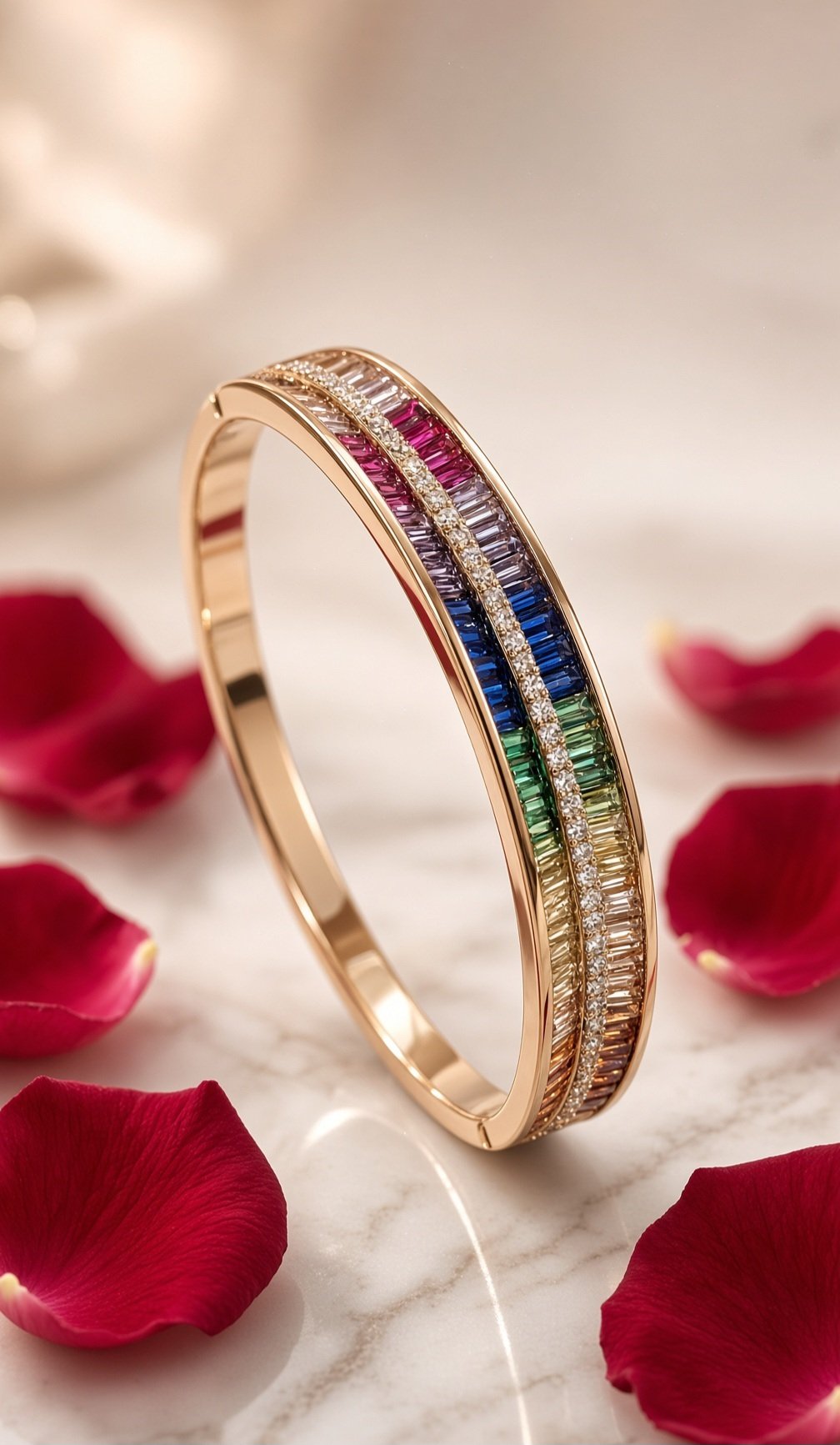 The Prism Dual-Row Rainbow Baguette Diamond Center line Kada Bracelet-Gold Finish