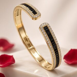 The Noir Prestige Black Baguette And Pavè Diamond-Style Open Kada Bracelet-Gold Finish