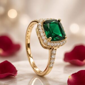 The Imperial Verdant Cushion-Cut Emerald Pavè Ring-Gold Finish(Size.7,8)