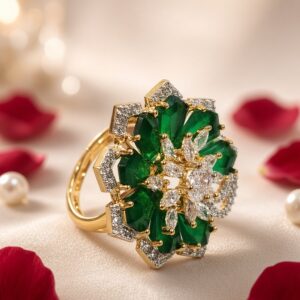 Elysian Emerald Floral Cluster Statement Ring-Gold Finish
