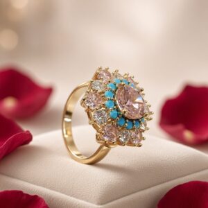 Aurelia Peach Tourmaline And Turquoise Cluster Adjustable Ring-Gold Finish