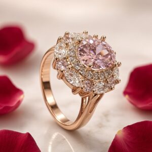Blush Rose Pink Double Halo Adjustable Ring-Gold Finish